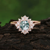 1.2 Carat Vintage Cushion Cut Cluster Halo Moss Agate Engagement Ring